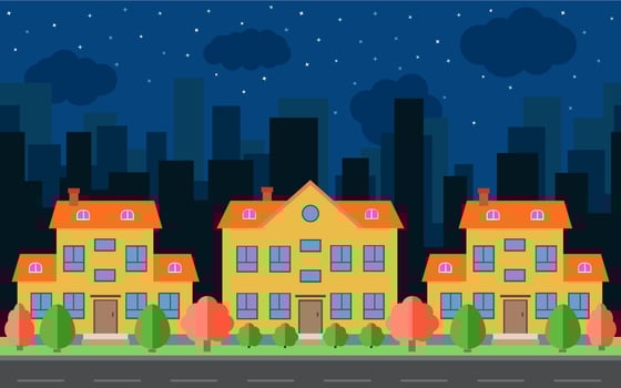 Vector night city with cartoon houses and buildings. City space with road on flat style background concept. Summer urban landscape. Street view with cityscape on a background