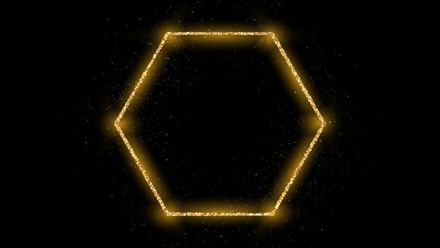 Golden hexagon frame with glitter, sparkles and flares on dark background. Empty luxury backdrop. Vector illustration.