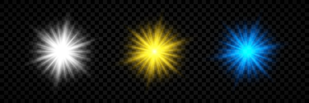 Light effect of lens flares. Set of three white, yellow and blue glowing lights starburst effects with sparkles vector