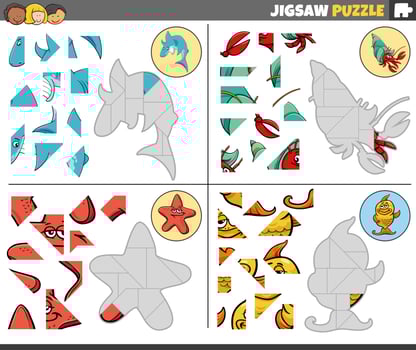 jigsaw puzzle tasks set with cartoon marine animals vector