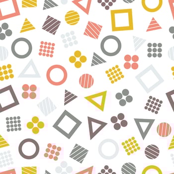 Seamless primitive geometric patterns with squares, triangles and circles for tissue and postcards. Trendy geometric elements. Hipsters modern color background. Vector illustration