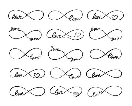 Hand lettering love heart infinity symbol with word set love you hand drawn love flourish infinity hearts decorative flourishes greeting card background vector