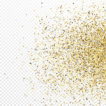 Gold glitter confetti backdrop isolated on white transparent background. Celebratory texture with shining light effect. Vector illustration.