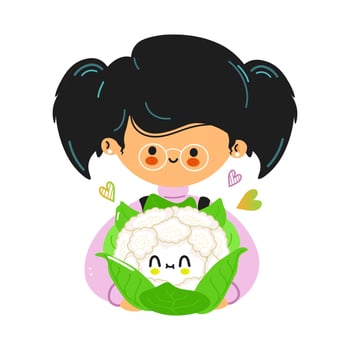 Young cute funny girl hold cauliflower in hand. Girl hugs cute cauliflower. Vector hand drawn doodle style cartoon character illustration icon design. Isolated on white background