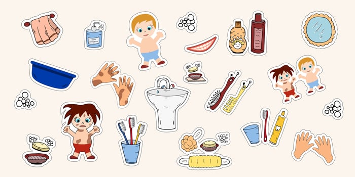 Set Bathroom tools children wash stickers. Vector hygien baby educational. Hand drawn illustration.