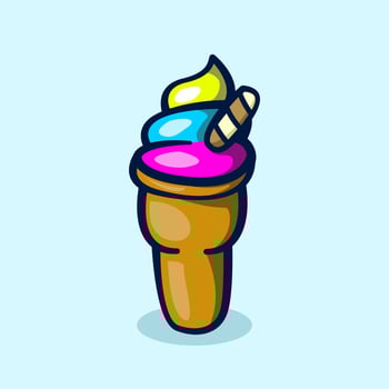 rainbow color ice cream cone cartoon illustration vector