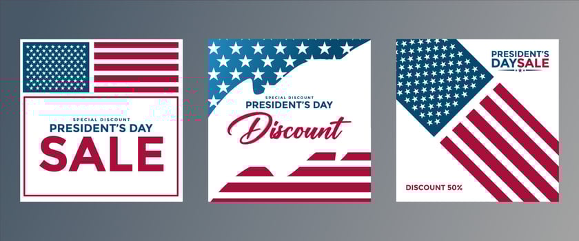United States President's Day Sale special offer promotional backgrounds set for business, advertising and holiday shopping. Presidents day sales events cards. Vector illustration.