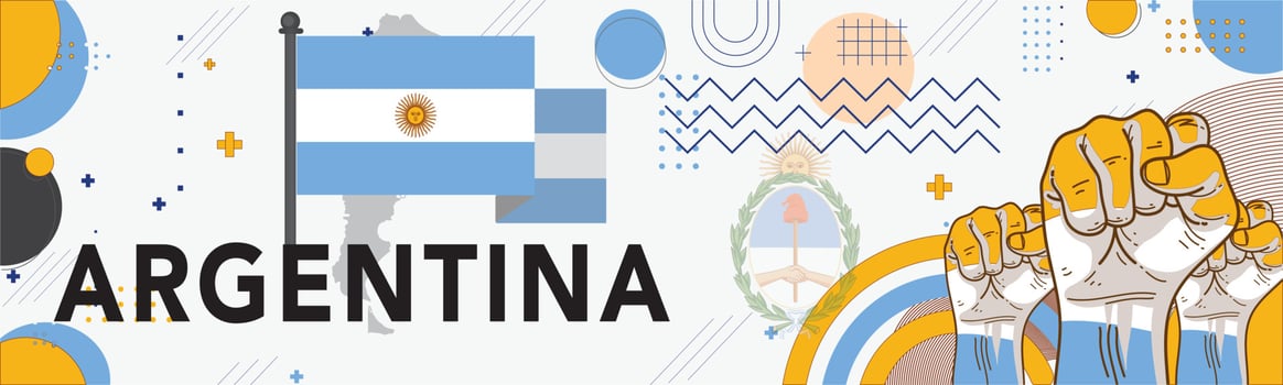 Banner Argentina national day with map, flag colors theme background and geometric abstract retro modern blue white yellow design. Argentinian people. Sports Games Supporters Vector Illustration.