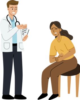 Male doctor diagnosing female patient having abdominal pain png