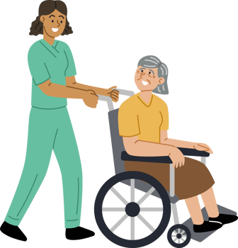 A female doctor or nurse is pushing a wheelchair for an elderly female patient. png