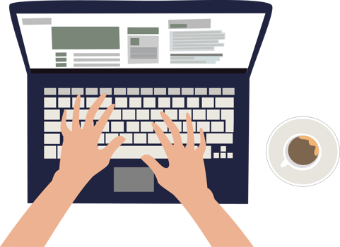 hands typing using a laptop with a cup of coffee. illustration looks from the top of the hand typing using a laptop png