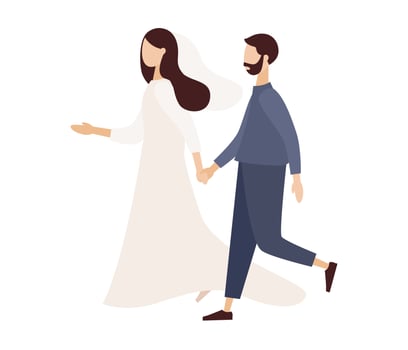 Wedding couple holding hands and walking. Man and woman relationship. Wedding, love and relationship concept. Vector flat illustration