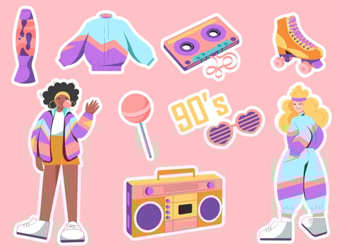90s fashion. Stickers in flat retro design. Sportswear, tape recorder, cassette tape, lava lamp, roller skates. Black woman and blonde in 90's sportswear vector