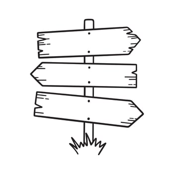 Wooden road sign doodle. Wooden direction sign and arrows in sketch style.  Hand drawn vector illustration isolated on white background.