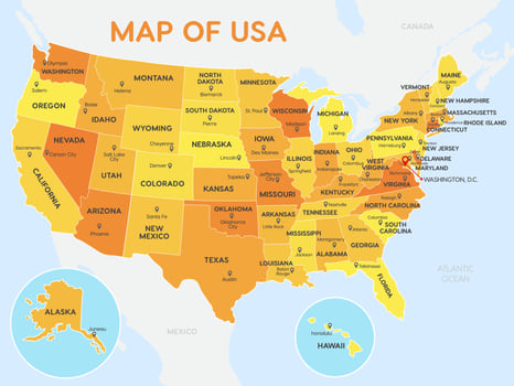 Detailed Vector Map of United State of America with States and Cities Name with International Borders