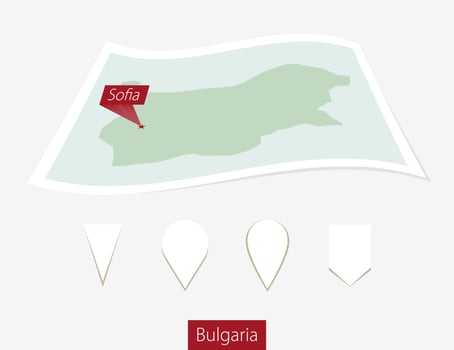 Curved paper map of Bulgaria with capital Sofia on Gray Background. Four different Map pin set. vector