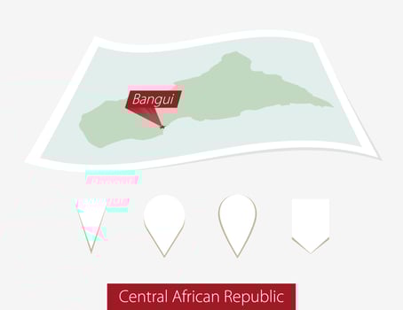 Curved paper map of Central African Republic with capital Bangui on Gray Background. Four different Map pin set. vector