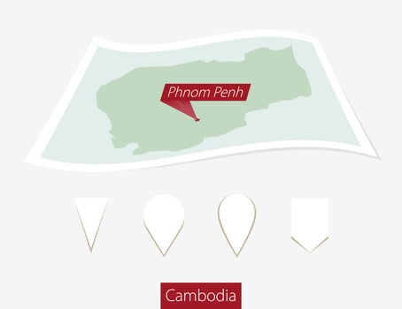 Curved paper map of Cambodia with capital Phnom Penh on Gray Background. Four different Map pin set. vector