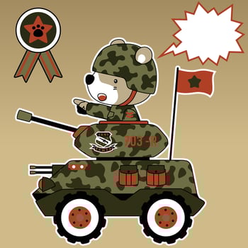 Funny bear soldier on armored vehicle, vector cartoon illustration