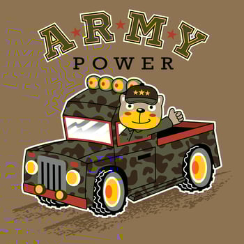 Funny cat soldier driving armored vehicle, vector cartoon illustration