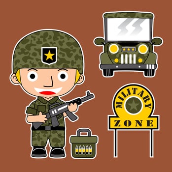 young soldier holding rifle with military vehicle, vector cartoon illustration