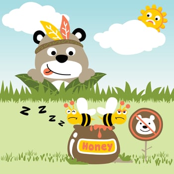 Cute bear wearing feather headdress hunting honey jar, bees guarding honey jar, vector cartoon illustration