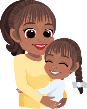 Cartoon character with American African Mom and daughter embrace. Mother is day concept png