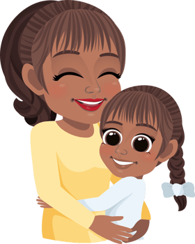 Cartoon character with American African Mom and daughter embrace. Mother is day concept png