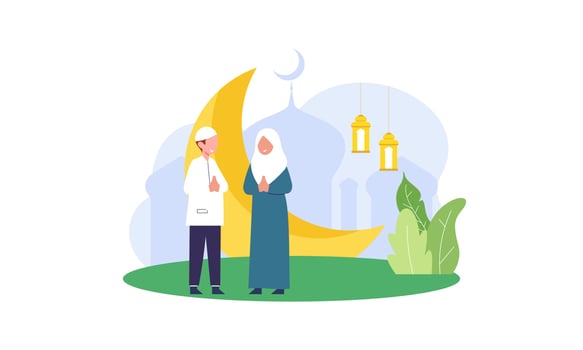 Happy eid mubarak, ramadan mubarak greeting concept with people character illustration vector