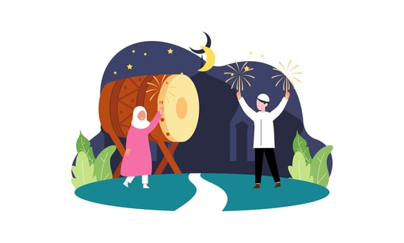 Happy eid mubarak, ramadan mubarak greeting concept with people character illustration vector
