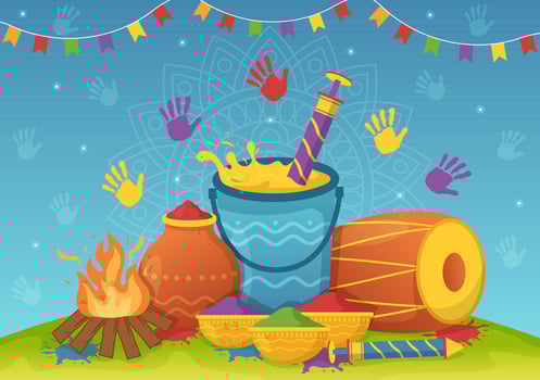 Happy Holi Festival Illustration with Colorful Pot and Powder In Hindi for Web Banner or Landing Page in Flat Cartoon Hand Drawn Templates vector