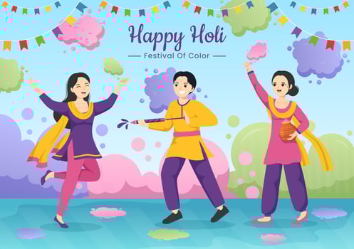 Happy Holi Festival Illustration with Colorful Pot and Powder In Hindi for Web Banner or Landing Page in Flat Cartoon Hand Drawn Templates vector