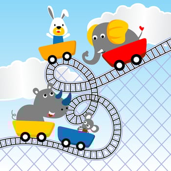 cute animals playing roller coaster, vector cartoon illustration