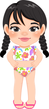 Cartoon happy little pigtail girl in a summer swimsuit png