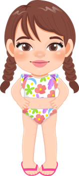 Cartoon happy little pigtail girl in a summer swimsuit png