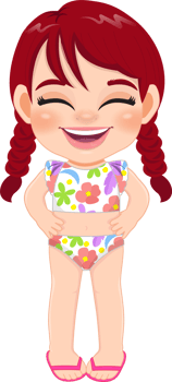 Cartoon happy little pigtail girl in a summer swimsuit png