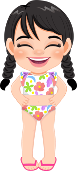 Cartoon happy little pigtail girl in a summer swimsuit png