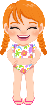 Cartoon happy little pigtail girl in a summer swimsuit png