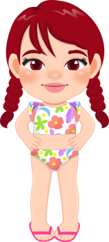 Cartoon happy little pigtail girl in a summer swimsuit png