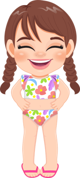 Cartoon happy little pigtail girl in a summer swimsuit png