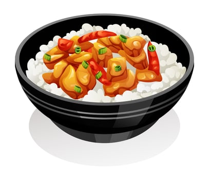 Kung pao chicken with peppers and vegetables served with rice. Chinese food vector illustration