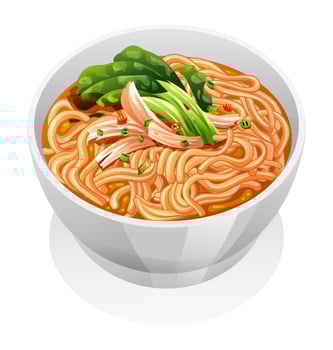Chicken noodle soup with vegetables in a white bowl vector illustration