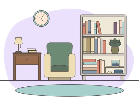 Book corner with simple bookshelf, mini sofa and table for reading vector