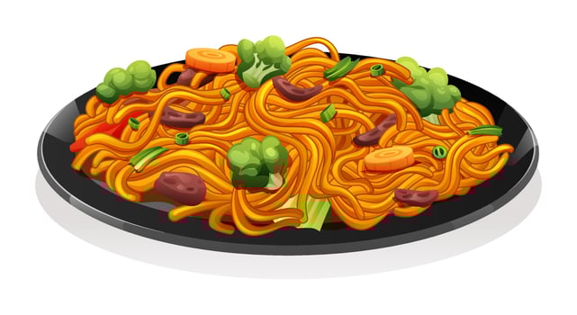 Fried noodles with meat and vegetables. Chinese food vector illustration