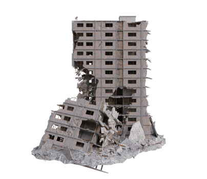 Large size building damaged after war. 3d render isolated png