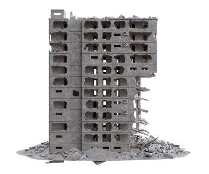 Middle size building damaged after war. 3d render isolated png