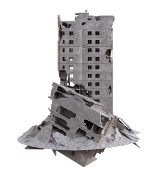 Large size building damaged after war. 3d render isolated png
