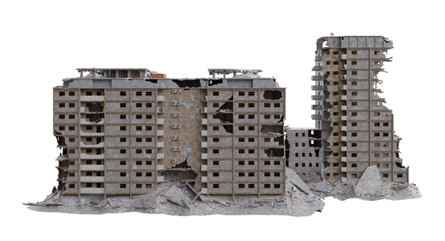 Large size building damaged after war. 3d render isolated png