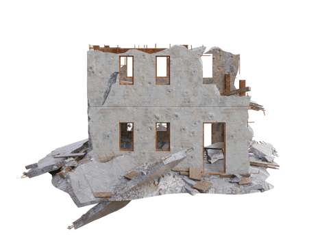 Small size building damaged after war. 3d render isolated png