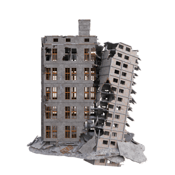 Large size building damaged after war. 3d render isolated png